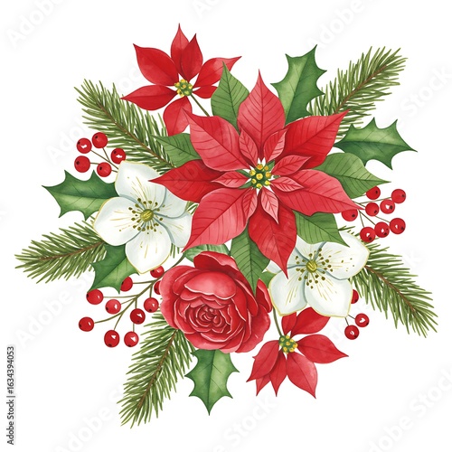 Watercolor Christmas Bouquet: Red Poinsettia & Holly Joy