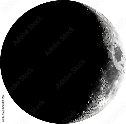 A crescent moon partially illuminated against a dark background silhouette