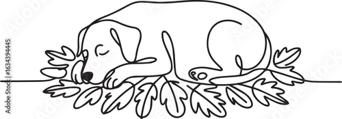 Continuous one-line drawing of a dog peacefully sleeping on a pile of autumn leaves, minimalist line art for fall and pet-themed designs

