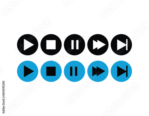  A collection of ten media player control icons, featuring five black-on-white and five white-on-blue buttons for play, stop, pause, fast-forward, and rewind, ideal for user interface and app design.