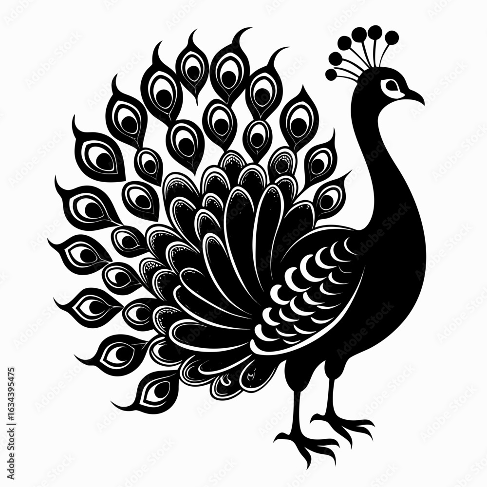 Fototapeta premium Vector art of graceful peacock silhouette with intricate feather details isolated on white background