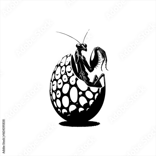 Praying mantis emerging from egg