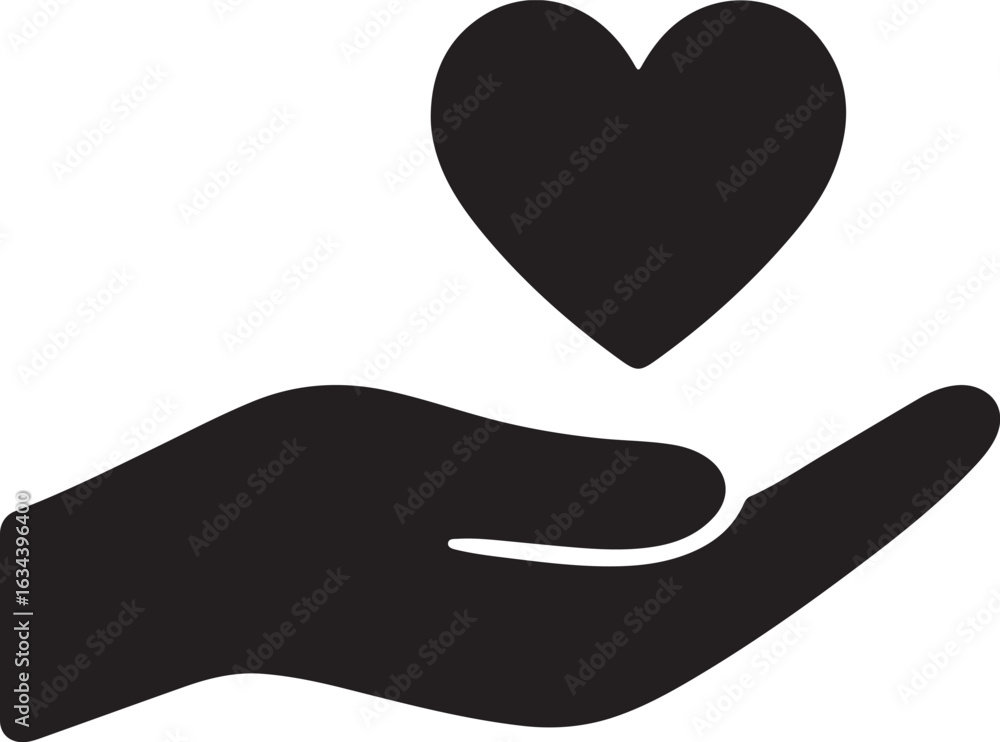 Fototapeta premium Black silhouette of an open hand holding a heart symbol vector