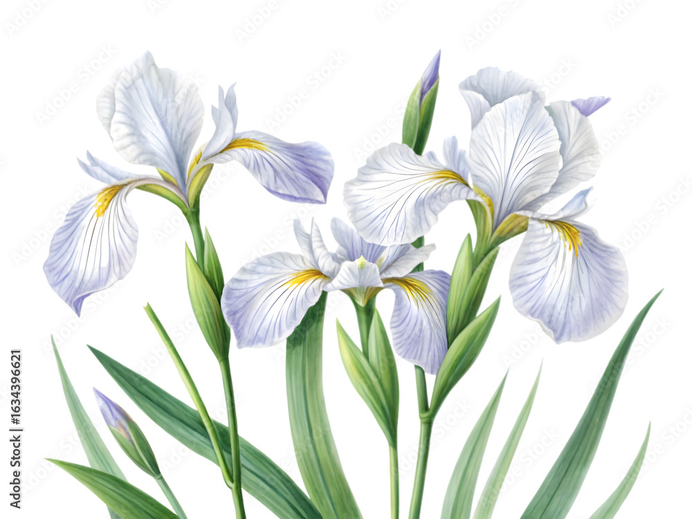 Fototapeta premium Watercolor illustration of an iris flower arrangement isolated on transparent background.