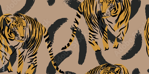 Tiger art on beige seamless pattern