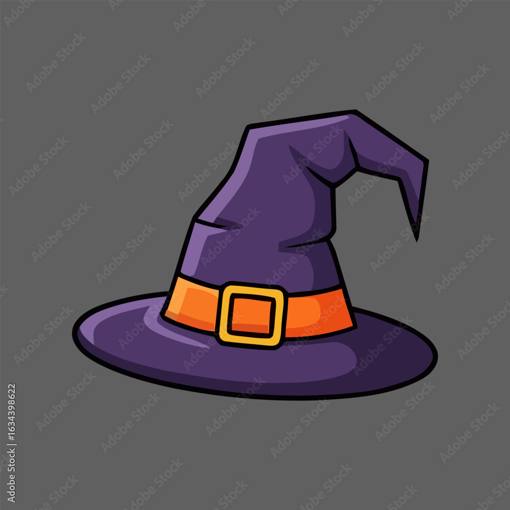 Naklejka premium A classic purple witch hat with a pointed tip and an orange band with a gold buckle. This cartoon illustration is an iconic symbol of magic and Halloween.