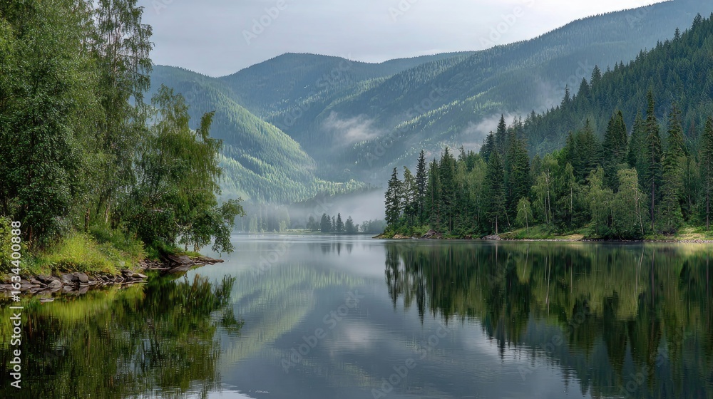 Fototapeta premium Serene Landscape with Mountains and Calm Water Reflecting Lush Green Forests in Early Morning Light