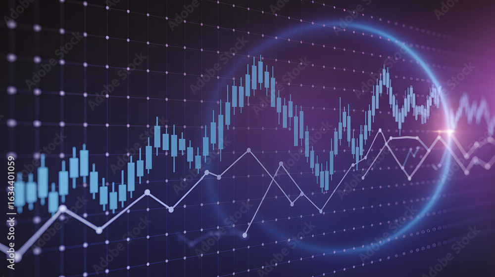 Naklejka premium A stock market chart with blue and white lines against a dark background with a glowing circle effect