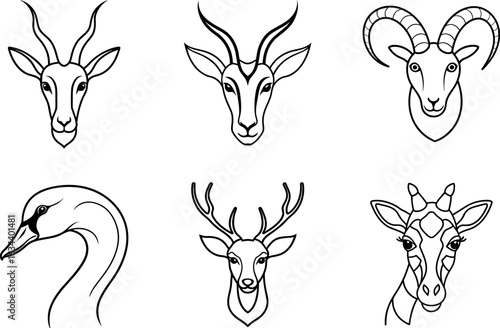 Graceful Elegant Head Line Art Collection with deer, giraffe, swan, gazelle, ibex, antelope