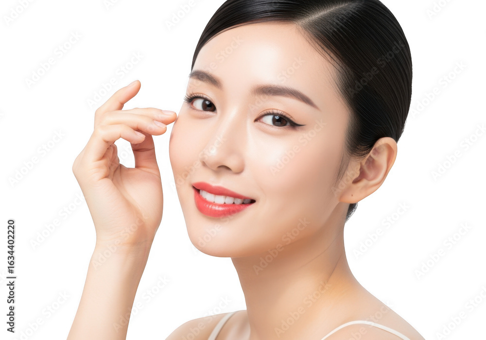 Closeup portrait of a beautiful young asian woman with flawless skin and elegant makeup touching her face, isolated on transparent background Closeup portrait of a beautiful young asian woman with flawless skin and elegant makeup touching her face, isolated on transparent background