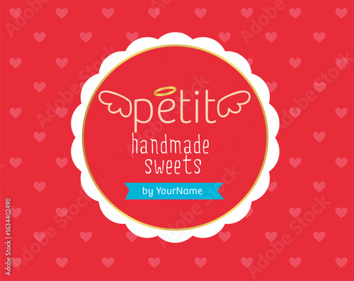 Logo Petit confectionery Sweet Handmade Halo Wings Heart Love Dots Tag Design Visual brand Red Magenta Blue Fucsia Pink cherry
