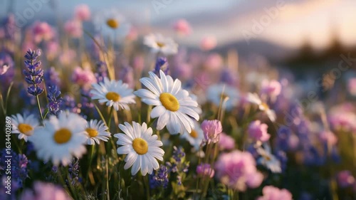 A serene close-up captures chamomile and lavender flowers swaying in a summer breeze, bathed in golden sunlight and warm amber hues.