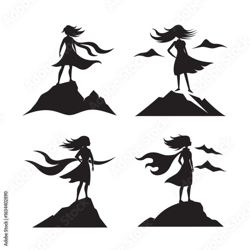 Windy Day Girl On Mountain Top Silhouette