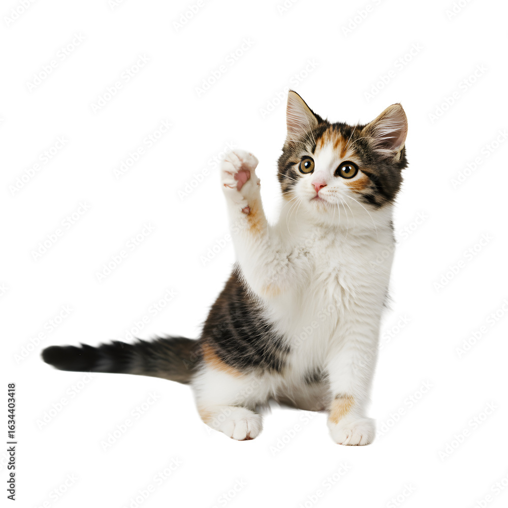 Fototapeta premium Playful Kitten's Paw Up: An adorable kitten, with a tricolor coat, sits in an upright position with its paw raised, captivating hearts with its innocence and charm.