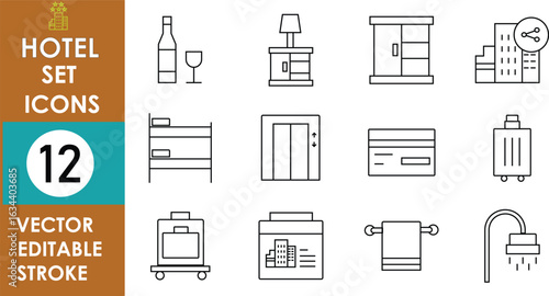 This hotel icon set includes wine, bedside lamp, wardrobe, discount, bunk bed, elevator, keycard, luggage, reception, towel, and shower in vector style