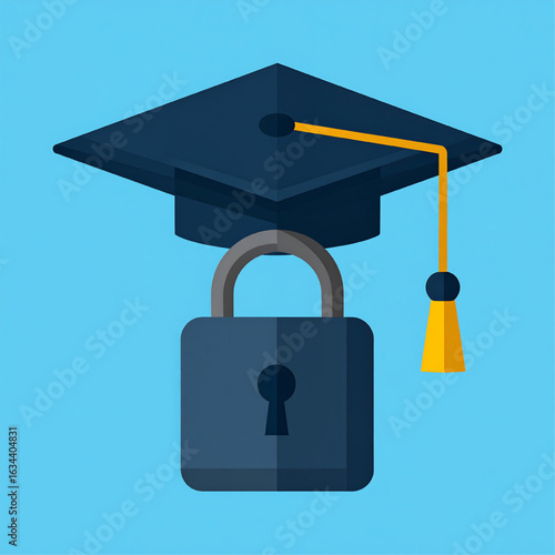 A mortarboard hat and a padlock symbolize education security and access.