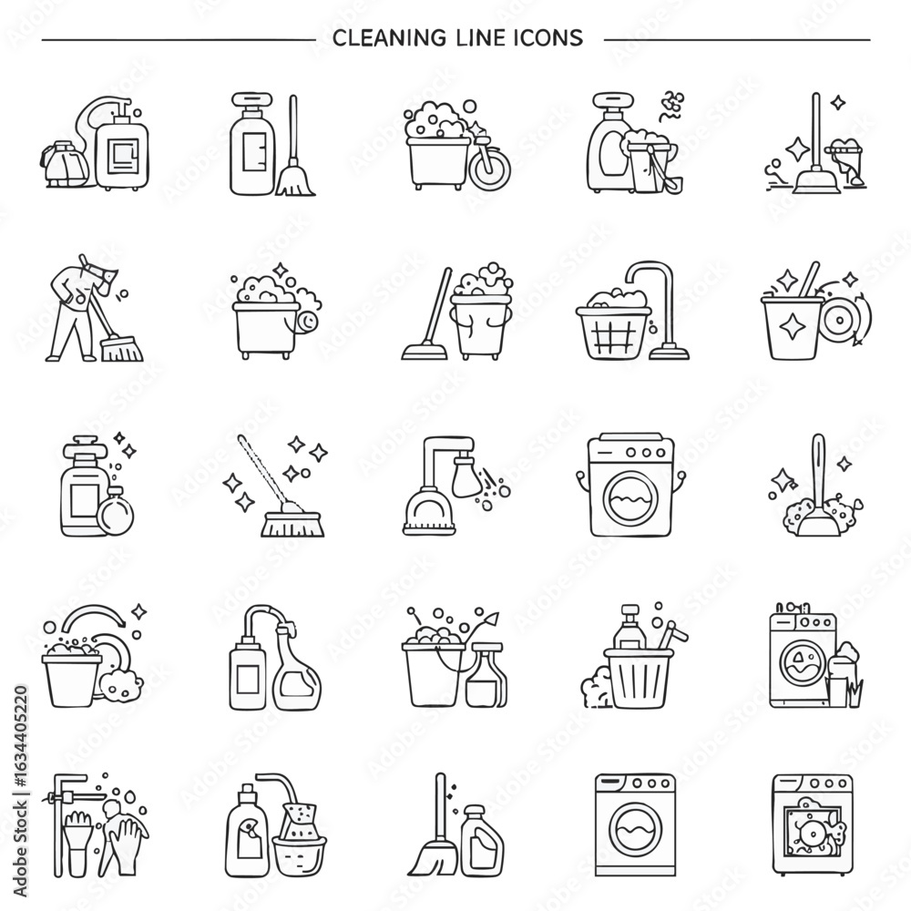 Fototapeta premium A comprehensive set of universal thin line icons for cleaning. Vector symbols for housekeeping tools, laundry, and sanitation.