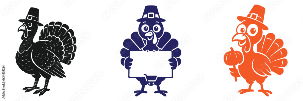 Fototapeta premium Cartoon Thanksgiving Turkey in Pilgrim Hat Holding Sign and Pumpkin Vector Illustration Set