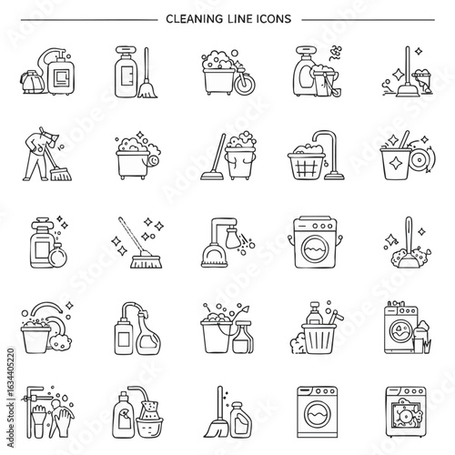 A comprehensive set of universal thin line icons for cleaning. Vector symbols for housekeeping tools, laundry, and sanitation.