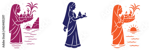 Indian Woman Performing Ganga Aarti Ritual Holding Puja Thali with Temple and River Vector Illustration