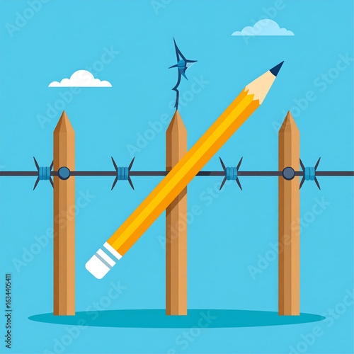 A large yellow pencil pierces a barbed wire fence, symbolizing creativity overcoming obstacles.