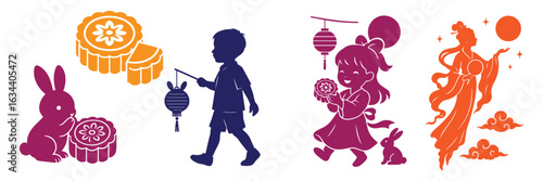 Mid Autumn Festival Vector Illustration with Mooncakes Lanterns Rabbit Children and Chang’e Goddess