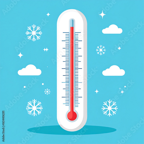 A thermometer displays a low temperature, surrounded by winter imagery including snowflakes and clouds.