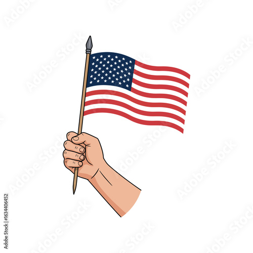 Hand holding a waving American flag on a stick