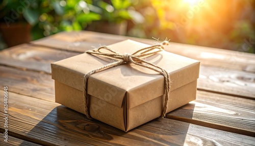 Craft Gift Box Tied with Twine on Wood Table Outdoor