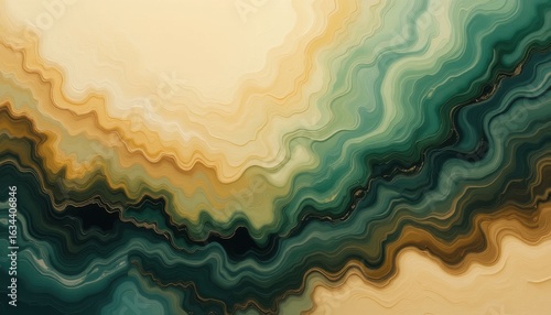 the artwork features layered, undulating lines across the frame. the colors shift from light tan at the top to deeper shades of green and blue towards the bottom