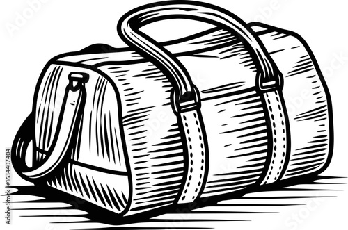 Classic duffel bag illustration vintage hand drawn design, travel luggage, gym carryall, retro line art sketch