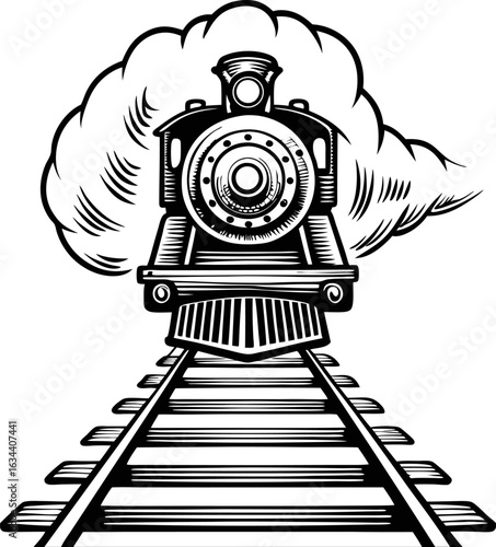 Vintage steam locomotive on railway tracks classic retro train illustration with bold black lines and smoke, transportation concept