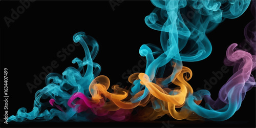 Colourful smoke swirling and flowing smoothly on black background with light and flame patterns