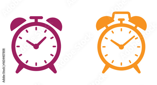Colorful Alarm Clock Icons Showing Purple and Orange Time Illustrations for Schedule and Routine Design