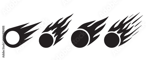 Meteor Motion Silhouettes with Flame Trails – Black Comet Icons Showing Speed Progression