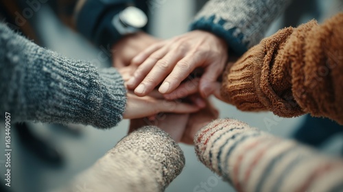 Corporate team members standing in a circle with their hands joined