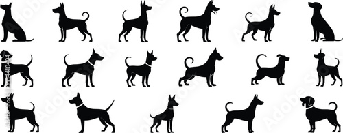 Dog breed silhouette set, black vector dogs, sitting and standing poses, pet clipart collection, canine shape icons, tail and ear variations