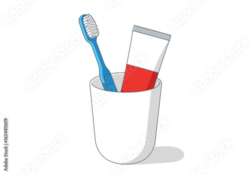 Blue toothbrush and toothpaste tube in a white cup for oral hygiene.