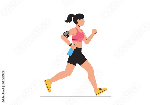 Woman running with phone armband and water bottle.
