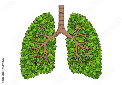 Vibrant Green Leaf Lungs with Tree Branch Structure Illustration.