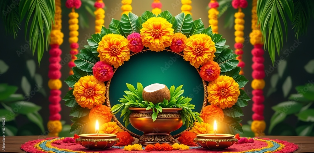 Obraz premium Festive Indian Decoration with Marigolds, Coconut, and Diyas