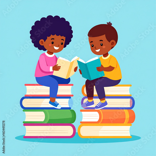 Two children are sitting on stacks of books and reading, depicting the joy of learning.