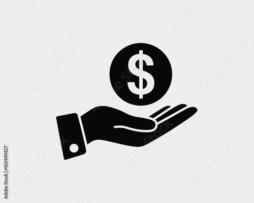 Hand Receiving Money Icon,  Solid Glyph Style Dollar Coin for Salary, Income, or Donation Concept

