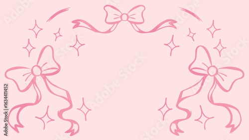 Pink background with bows and stars arranged in an arch like frame decoration element design