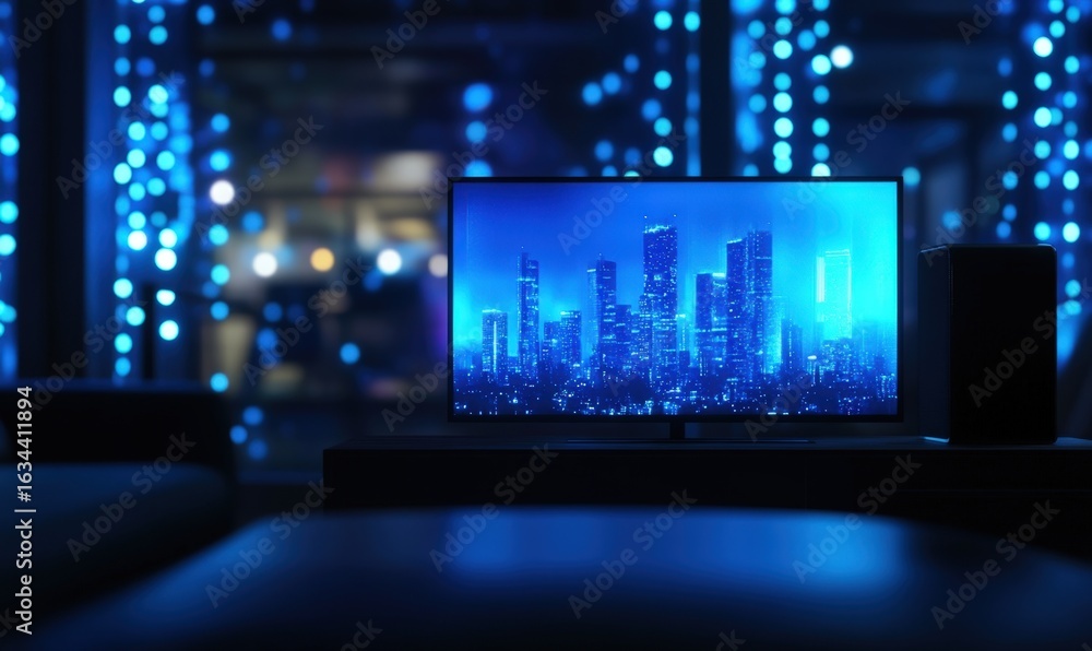 Obraz premium A television shows a city skyline in bright colors while blue lights fill the room. The scene happens at night, creating a modern and vibrant atmosphere with city buildings visible