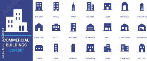 Flat commercial building icon set with office, skyscraper, mall, warehouse, workspace, lobby, storefront, and urban tower symbols. Ideal for real estate and architecture.