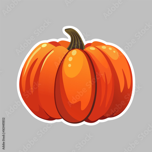 Cartoon-style pumpkin sticker. Hand-drawn vector illustration of an orange pumpkin with bold outline, on grey background. For autumn decor, Halloween, Thanksgiving, scrapbooking.