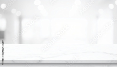 Bright white marble tabletop with a clean, blurred bokeh background, providing a minimalist and professional stage for product placement