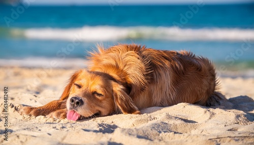 a tired dog rests on the hot beach its fur glistening in the sun tongue hanging out as it escapes the midday heat