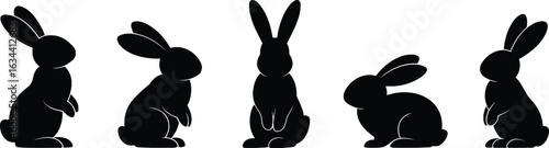 Rabbit silhouettes collection, black bunny poses, animal vector design, wildlife illustration set, crouching and sitting rabbits, pet clipart bundle